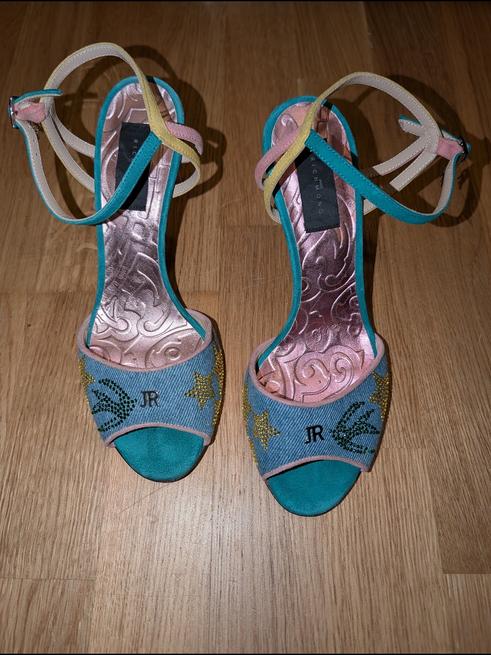 John Richmond Teal Multicolor Embellished Open-Toe Heels